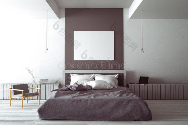 三维渲染：软光色大宽敞卧室的插图。 优雅经典卧室的大舒适双人床