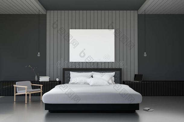 三维渲染：软光色大宽敞卧室的插图。 优雅经典卧室的大舒适双人床