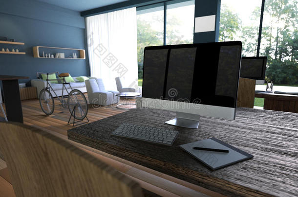三维渲染：说明互联网PC咖啡馆装饰内部或PC办公室的计算机工人内部