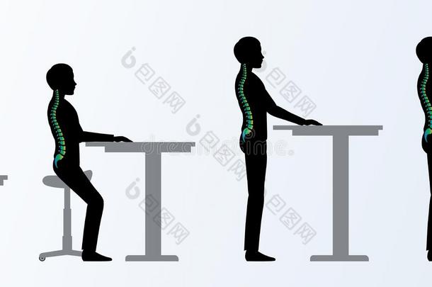 符合人体工程学。 高度可调的桌子或桌子姿势