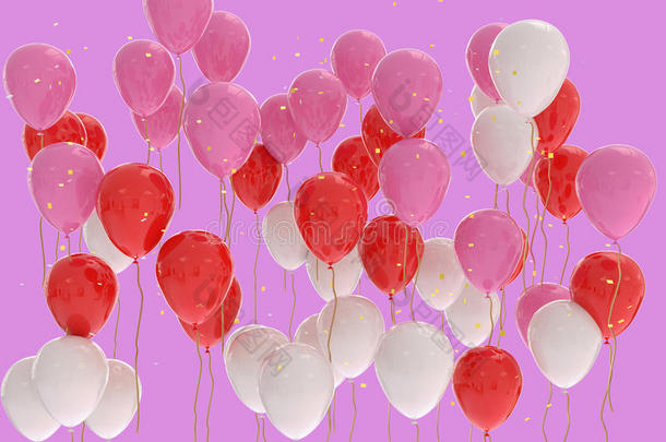 粉红色，红色，白色气球在粉红色背景上的三维渲染