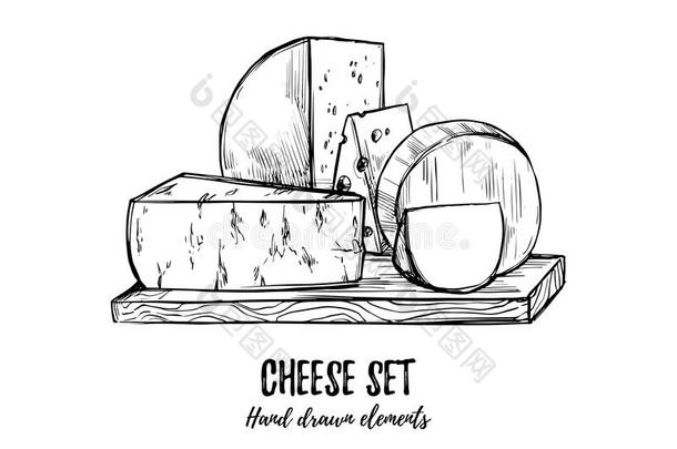 手绘矢量插图。 奶酪套，马苏里拉，奶酪