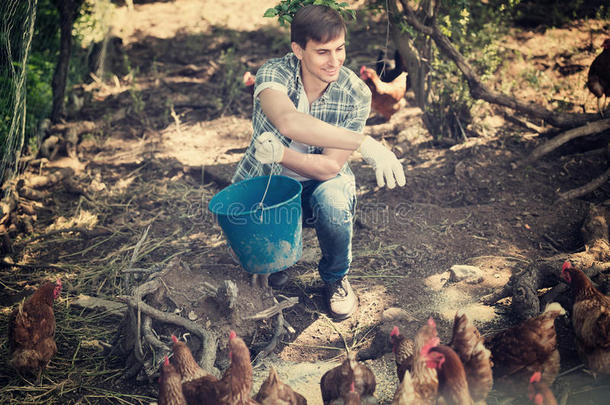 家禽养殖场有桶的农民