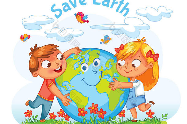 地球日。 男孩和女孩拥抱地球