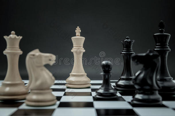 黑白国王和骑士的国际象棋设置在黑暗的背景。 领导和团队合作的成功理念。 国际象棋概念保存t