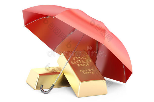 金条具有伞、<strong>金融保险</strong>和商业稳定的理念。 三维渲染