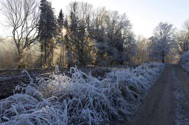捷克共和国波希米亚<strong>童话</strong>般的雪冬乡村，蓝天