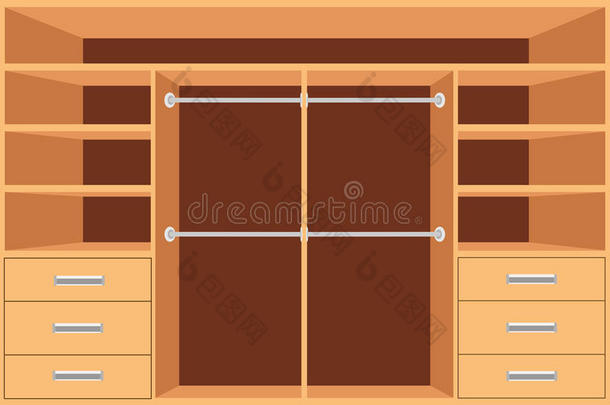 衣柜，有架子和抽屉的衣柜。 空柜，家具室内设计，衣柜室，矢量插图。