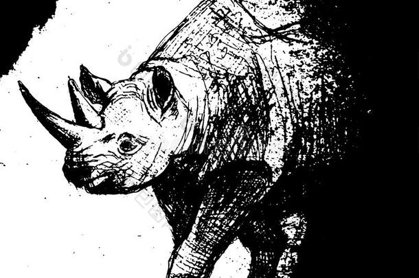 手绘犀牛。 在透明背景上隔离。 抗应力着色页面矢量单色草图。