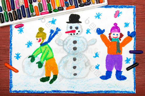 画画：快乐的孩子<strong>堆雪人</strong>，冬天的时候