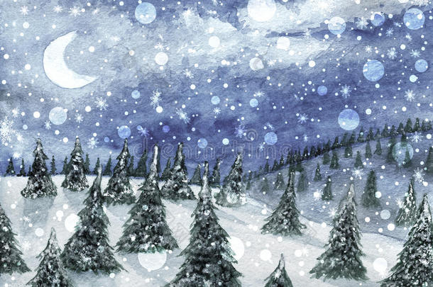 圣诞节景观。 山上有冷杉树，下着雪