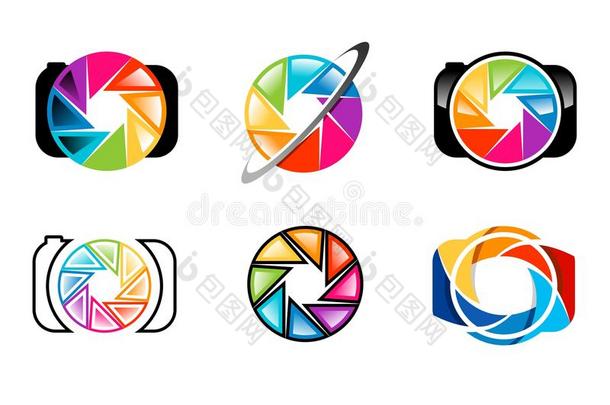 相机，标志，镜头，光圈，百叶窗，彩虹，彩色，一套摄影标志概念符号图标矢量设计