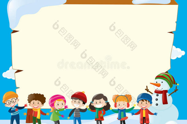 冬季与儿童的边界模板
