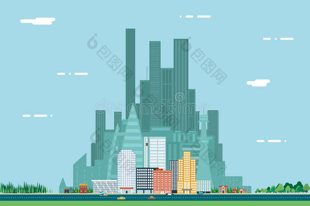 白天城市景观城市房地产夏季背景平面设计概念图标模板矢量插图