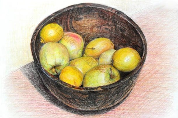 苹果和柠檬在一个碗中，孤立在白色背景的手上，用彩色铅笔画