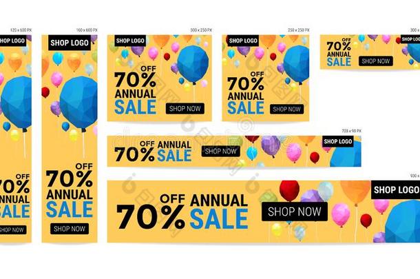 横幅网站出售与气球多边形图案矢量包