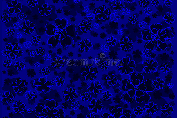 明亮的花纹，蓝色背景上有衬里和彩色的花