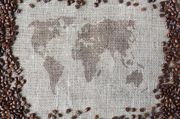 麻布纹理与咖啡豆边界和世界地图