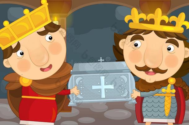 卡通快乐和有趣的两个<strong>骑士</strong>或国王在城堡房间与风暴云之间