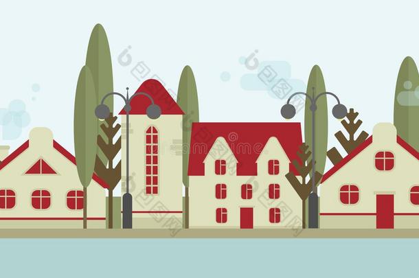 有红色屋顶、路灯和树木的可爱<strong>房子</strong>。 <strong>出租</strong>或出售的公寓，房地产。