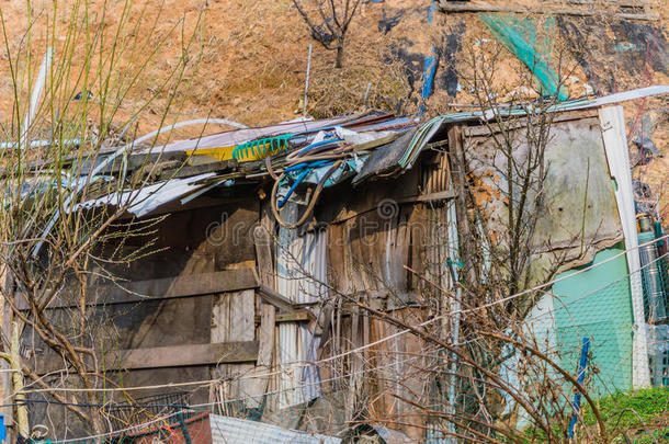 由旧木头制成的废弃小屋