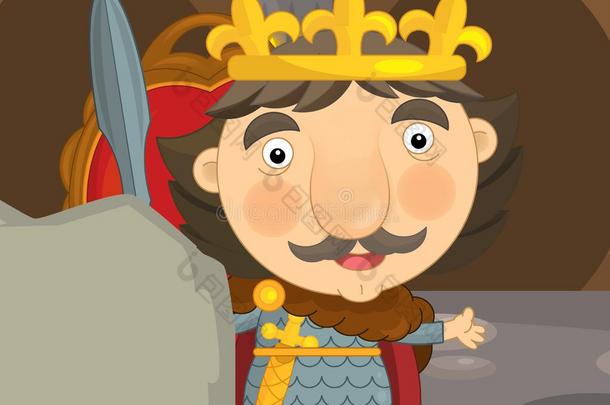 卡通片快乐和有趣的骑士或国王在城堡房间与宝座