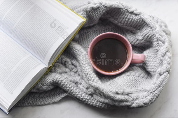 舒适的家庭静物：一杯热咖啡和打开的书与温暖的格子在窗台上<strong>抵御</strong>外面的雪景