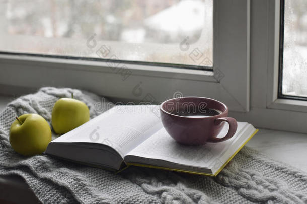 舒适的家庭静物：一杯热咖啡，绿苹果，打开书，窗台上有温暖的格子，抵御雪