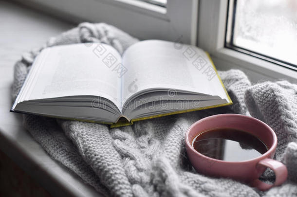 舒适的家庭静物：一杯热咖啡和打开的书与温暖的格子在窗台上<strong>抵御</strong>外面的雪景