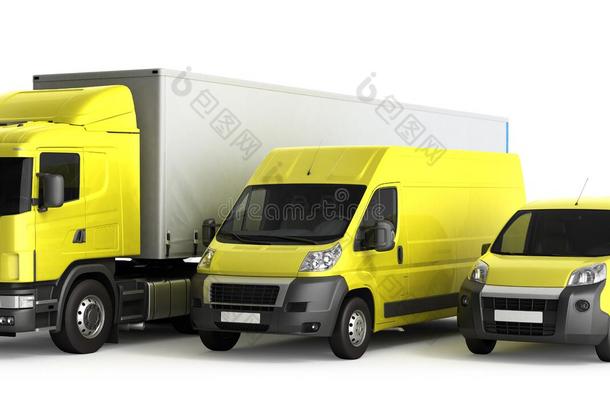 卡车、货车和卡车在白色背景下的三维渲染