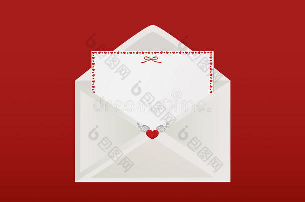 信封里有红心的卡片。 情人节`。