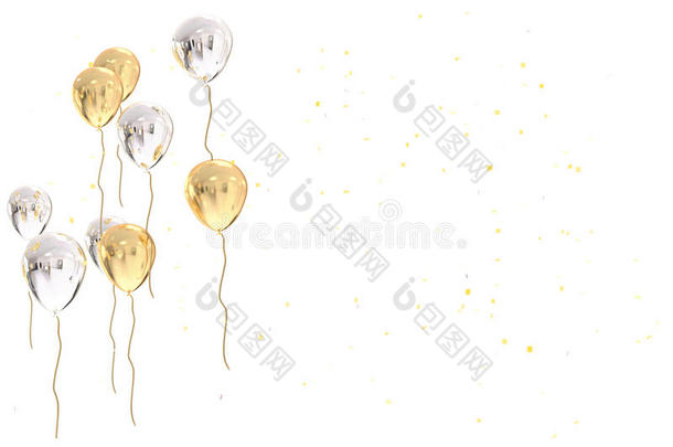 白色、银色和金色气球的三维渲染