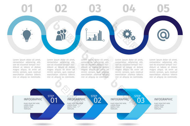 蓝色信息<strong>图表</strong>和<strong>箭头</strong>与步骤选项。 <strong>矢量</strong>模板。