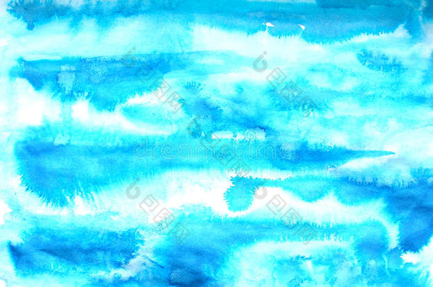 抽象的蓝色水<strong>墨画</strong>在粗糙的纸张纹理上。 手绘水彩背景。 洗。插图污渍和
