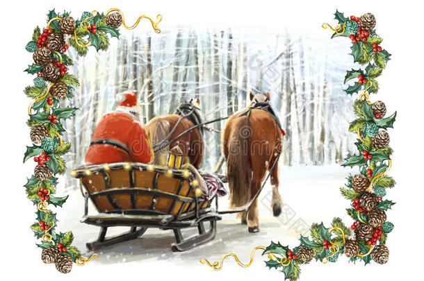 圣诞冬天的快乐场景与圣诞老人在传统雪橇-有两匹马