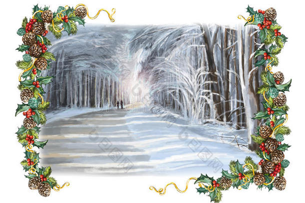 圣诞节冬天的快乐场景与帧-人们在森林里散步