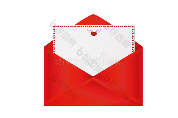 信封里有红心的卡片。 情人节`。