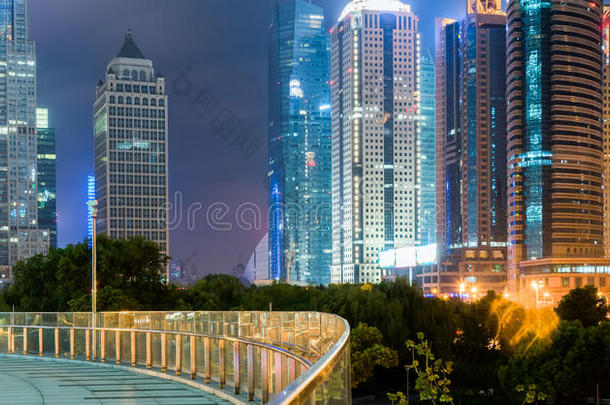 夜间在中国上海与城市景观的人行桥