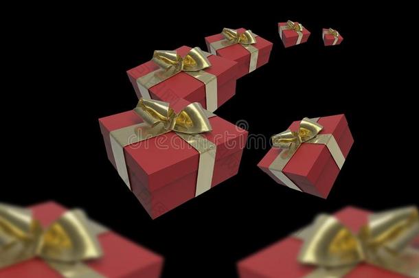 彩色和条纹的盒子与礼物绑在黑色背景上的蝴蝶结。 新年快乐或情人节3D插图