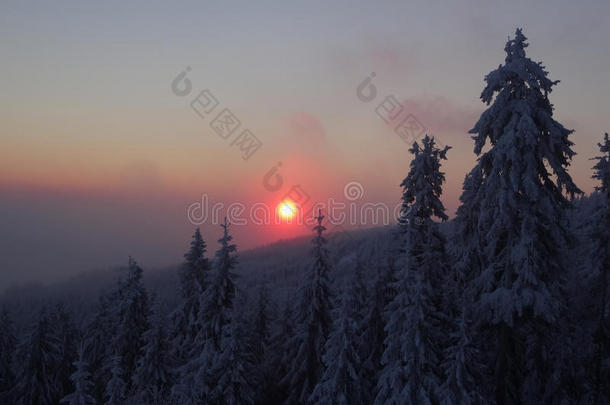 山林中冬天日出时五颜六色的景观