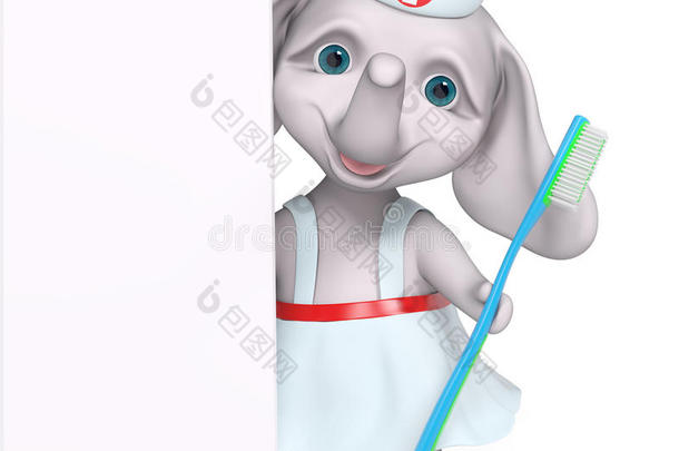 卡通大象人物背后海报持有牙刷卫生概念3D渲染
