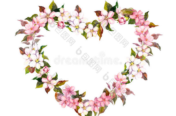 花圈-心形。 粉红色的花。 情人节水彩画，老式波霍风格的婚礼