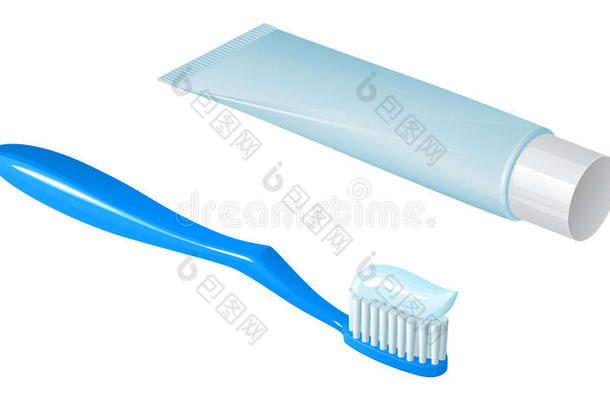 带牙膏的蓝色塑料牙刷和带白帽的牙膏管