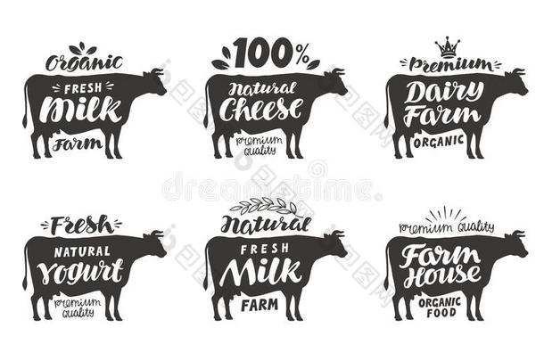 奶牛。 矢量设置<strong>食品标签</strong>、徽章和图标。