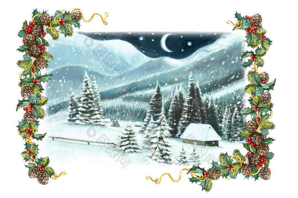 圣诞节冬天的快乐场景与木屋在山上-晚上