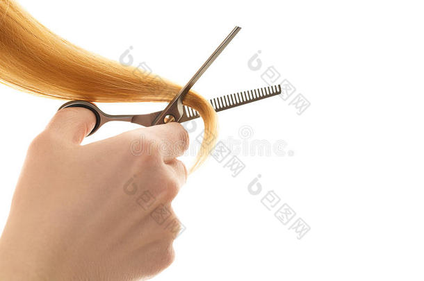 用剪刀剪开分叉的头发。
