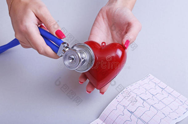 女医生手握红色玩具心脏和听诊器头。 心脏治疗师，学生教育