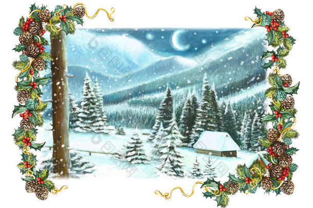 圣诞节冬天的快乐场景与木屋在山上-晚上