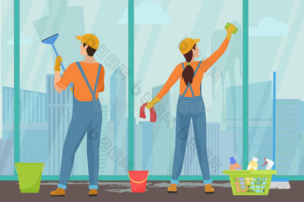 清洁队工作人员男女清洁工用清洁工具清洁窗户。 城市景观摩天大楼。
