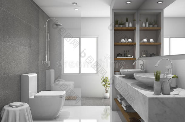 三维渲染现代设计和大理石瓷砖卫生间和浴室
